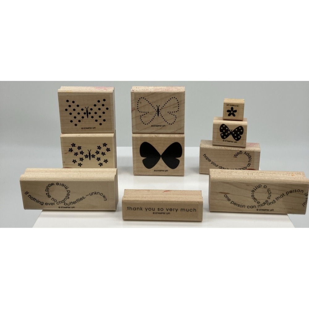Stampin Up Flight Of The Butterfly Set of 10 Wood Stamps Happy Thank You Flower‎
